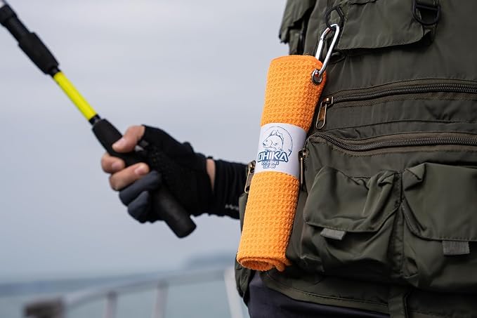 Microfiber Fishing Towels with Clip, Waffle Pattern for Effective Cleaning of Fishing Gears or Dirty Hands, 16” x 16”, Camping Towels, Hiking Towels, Pack of 3 (Orange)