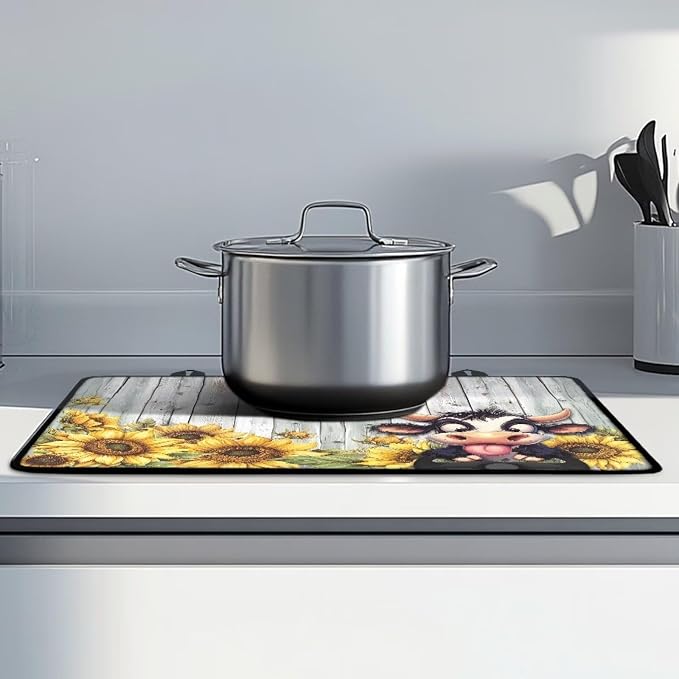 Cow Sunflower Wood Print Stove Top Covers Waterproof Electric Stove Cover Mat 29.18 x 20.99 inch Glass Cooktop Protector Large Coffee Machine Mat for Flat RV Range