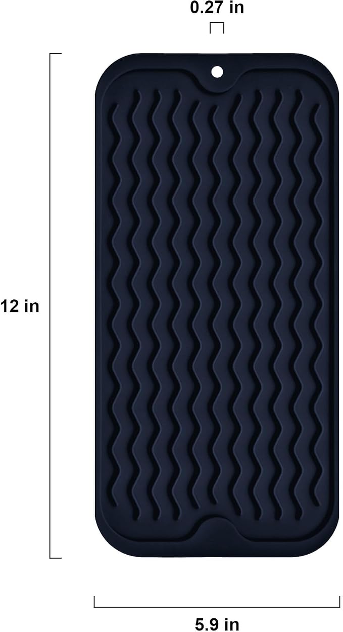 Silicone Dish Drying Mat, Non-Slip Easy Clean Sink Mat, Dark Blue, 12"x6" | Quick-Dry Ridges, Large Heat-resistant Dish Drainer Mat for Kitchen Counter, Hangable & Roll-Up for Storage, Dishwasher Safe