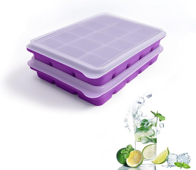 Tvmania Ice Cube Trays Set of 2, 15-Cube Silicone Molds with Removable Lids | Stackable, easy release, BPA-free, reusable, for freezer and whiskey