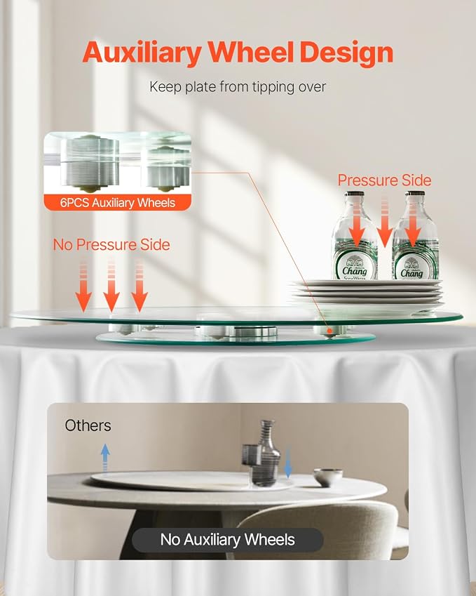 VEVOR 24 in Glass Lazy Susan Turntable, Tempered Glass Dining Table Centerpiece with 6 Rotating Wheels, 360° Smooth and Silent Spin Tabletop Rotating Tray, for Family Gatherings, Banquets & Weddings