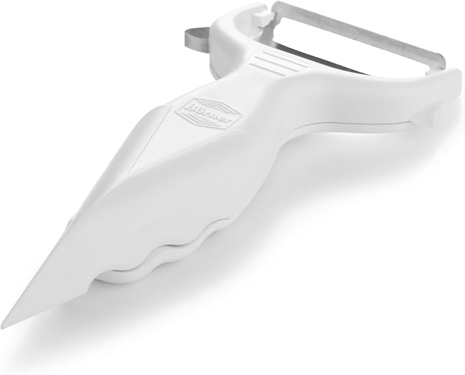 Borner 6-in-1 Fruit and Vegetable Peeler with Stainless Steel Double-Edged Blade, Multi function with Corer, Potato Eye Remover and Mini Grater, Made in Germany, White