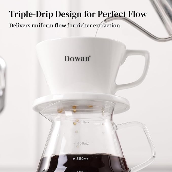 DOWAN Pour Over Coffee Maker, Non-Electric Pour Over Coffee Dripper with Open Base Design, Manual Brew Maker, Single Cups Porcelain Slow Brewing Accessories for Gifts, White