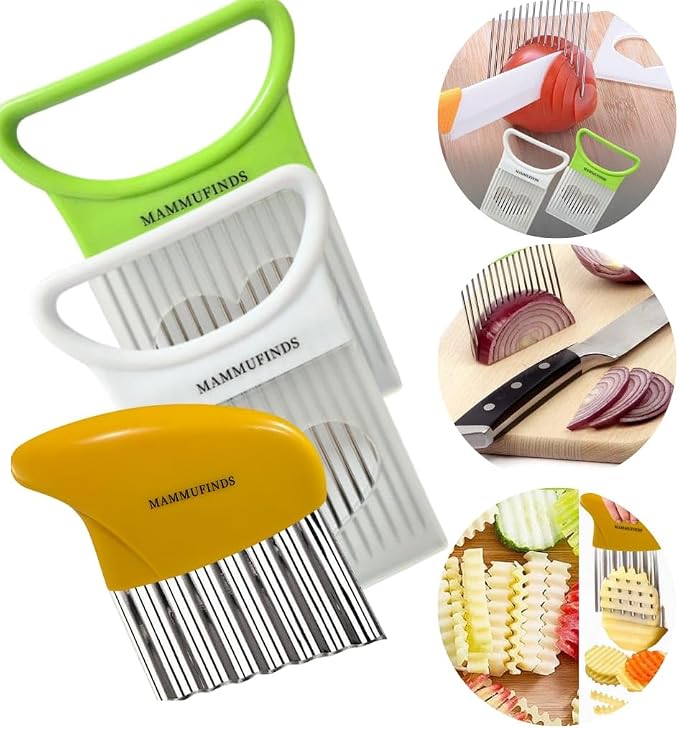 Potato slicer & Kitchen Gadgets, 1 Crinkle Cutter, 1 Onion Slicer, Stainless Steel Onion Holder, Vegetable, Avocado, Tomato,Mandoline Slicer, Fruit Cutter, wavy crinkle cutter for veggies,
