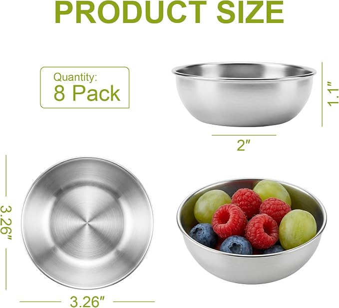 tifanso 8PCS Small Stainless Steel Dipping Bowls for Sauce & Condiments | 3.5oz, For Soy Sauce Ketchup Seasoning & Appetizers, Perfect for BBQ Party Camping & Charcuterie, Easy to Clean, Silver
