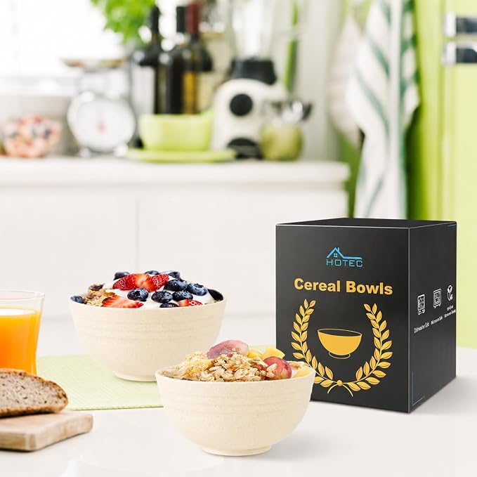 HOTEC Unbreakable Wheat Straw Cereal Bowls - Microwave & Dishwasher Safe Soup and Salad Bowls BPA Free, Set of 8, 26oz, Off-White
