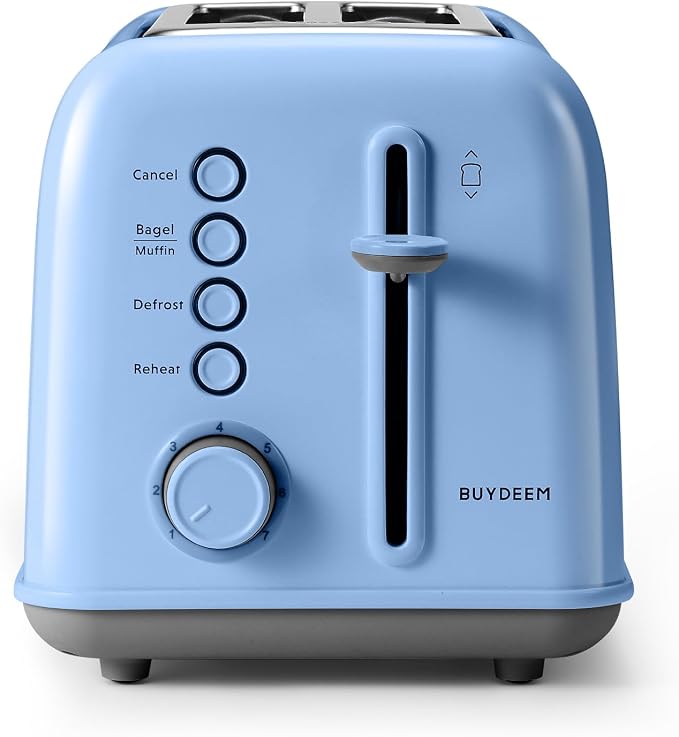 BUYDEEM DT620 2-Slice Toaster, 7 Shade Settings, Extra Wide 1.5'' Slots for Bagel & English Muffin, 6 Toasting Functions, Retro Stainless Steel Toaster with High Lift Lever, Blue