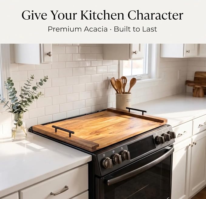 Noodle Board Stove Cover - Acacia Wood Stove Top Cover – Large Wood Cutting Board - Stove Top Covers for Electric Stove - Countertop Saver - Charcuterie Tray - Serving Board - Rustic Kitchen Decor