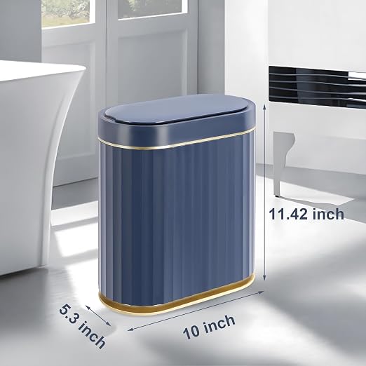 ELPHECO 2 Gallon Sensor Trash Can, Automatic Lid, Midnight Blue Gold | IPX5 Waterproof Bathroom Trash Bin, Slim Garbage Can, Plastic Wastebasket for Office, Bedroom and Kitchen