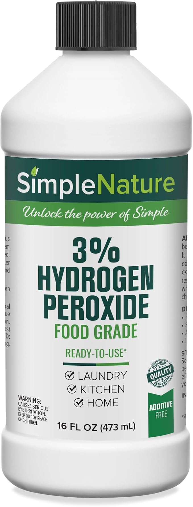 SimpleNature 3% Food Grade Hydrogen Peroxide (16 fl oz) - Natural Multipurpose Cleaner - Made in USA - Ideal for Commercial, Residential, Kitchen, Bath, Laundry, and More
