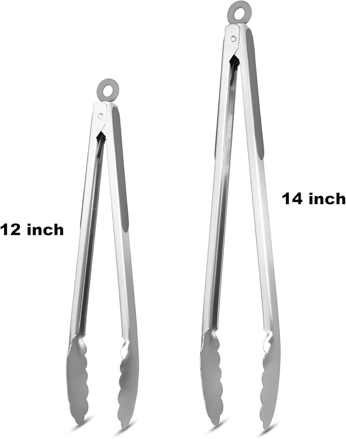 304 Stainless Steel Kitchen Cooking Tongs, 12 & 14 Inch, Set of 2, Grey | Locking Food Tongs with Non-slip Grips and Hanging Loops for Cooking, Grilling, BBQ and Serving, Dishwasher Safe