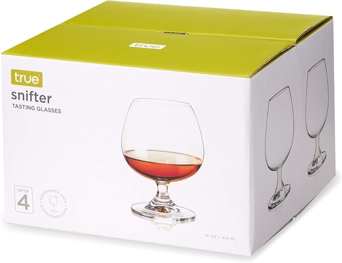 True Brandy Bourbon Whiskey Cognac Scotch Drinking Glasses, Superb Lead-Free Crystal Snifter Glass for Cocktail Party Dishwasher Safe, 14 oz, Set of 4