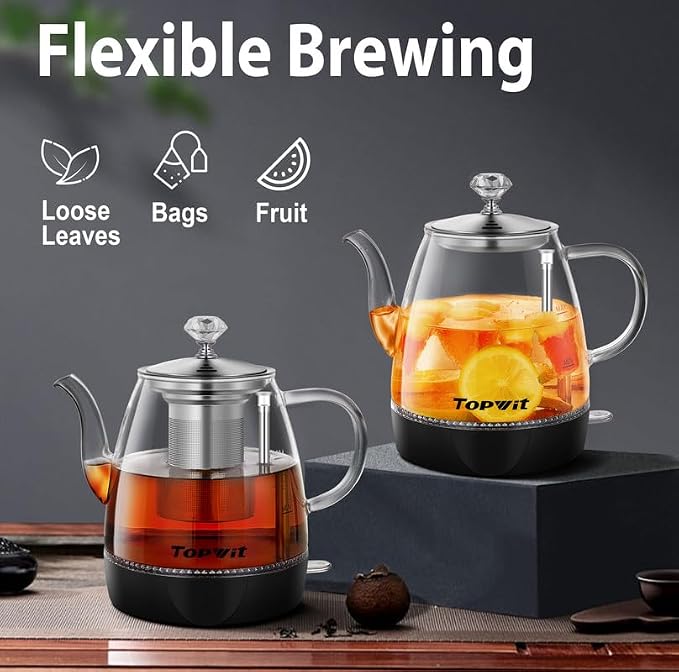 Topwit 1L Glass Electric Kettle, Gooseneck Electric Tea Kettle, BPA-free | Removable Stainless Steel Tea Infuser, Auto-Shut Off, Boil-Dry Protection, Dual-Purpose For Hot Water, Tea & Coffee, Black