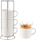 HASENSE Stackable Coffee Mugs,15oz Coffee mugs Set of 4,Ceramic Coffee Mug with Rack,Porcelain Coffee Cups for Latte,Cocoa, Americano, Hot Tea and Milk,Vertical Striped,White