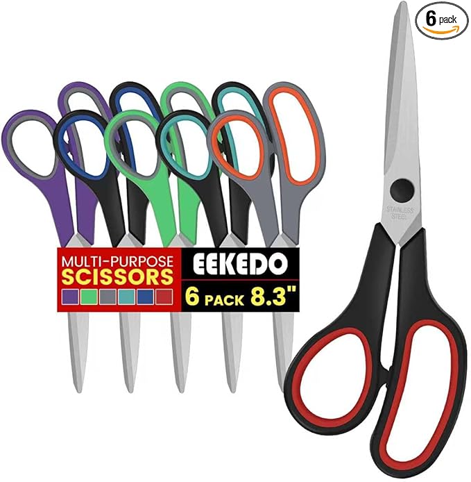Scissors, Set of 6 EEKEDO Scissors All Purpose 8" for Office Home Craft Sewing Fabric Teacher School Supplies, Right/Left Handed, Soft-Grip Handles, Sharp Blade