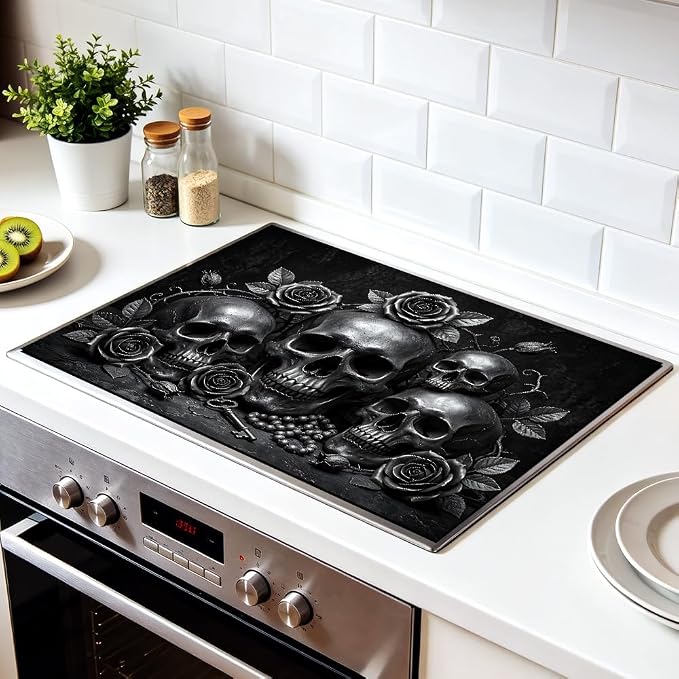Gothic Skull Stove Top Cover for Electric Stove, 28x20 In Mat | Heat-resistant non-slip mat holds hot cookware; glass cooktop protector, dish drying; black rose halloween kitchen decor