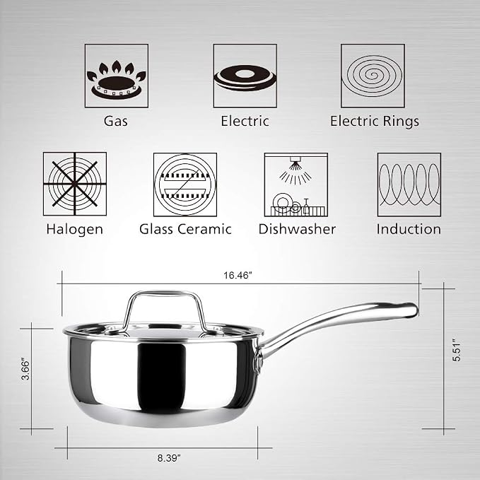 Duxtop Whole-Clad Tri-Ply Stainless Steel Saucepan with Lid, 3 Quart, Kitchen Induction Cookware