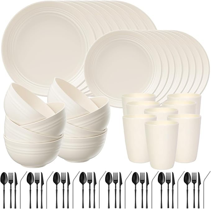 Quatish 64 Piece Plates and Bowls Sets for 8, Unbreakable Dinnerware Sets, Plastic Dish Set for Camping, Dishwasher Microwave Safe, Outdoor Kitchen and Apartment Dinning RV Essentials, Beige