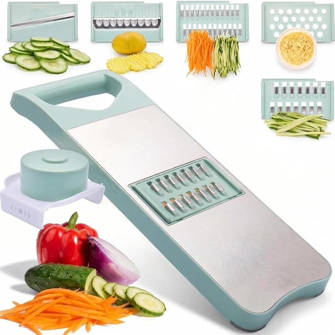 NACOLUS 5 In 1 Mandoline Slicer with Slide-On Hand Guard - Vegetable Slicer, Carrot Shredder,Safe Potato/Garlic Slicer Vegetable Cutter, Waffle Fry Cutter (Green, 5-in-1)