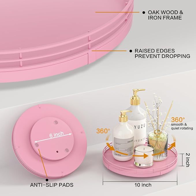 Oroyutor 10-Inch Oak Lazy Susan Vanity Tray, Pink Finish | Rotating oak tray organizes spices, toiletries and decor on kitchen counters, bathroom vanities, dining and coffee tables.