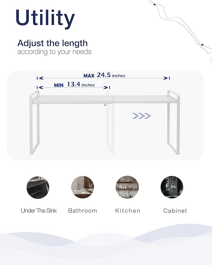 Nxconsu Expandable Shelf for Cabinets, Cabinet Shelf Riser, 8.6" White | Heavy-Duty Organizer Metal Dish Riser for Cabinets Holds 50LBS and Expands 13.4 to 24.5 in for Kitchen Pantry Plate Mug Spice