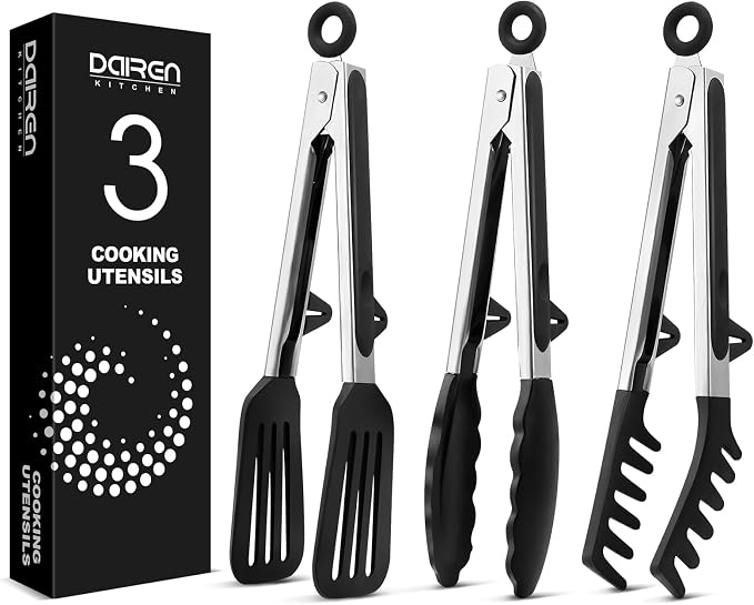 Kitchen Tongs for Cooking, Non Scratch Silicone Tip for Nonstick Cooking Pans, Food Grade Mini Serving Tongs, Pull Lock, Set of 3 (Black, 9 inch)