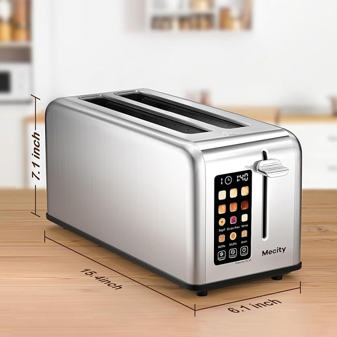 Mecity Touchscreen Toaster, 2 Long Slots for 4 Slices, Digital Bread & Browning Control, Stainless Steel Slim Toaster with Bagel, Gluten-Free, Defrost & Reheat, 120V, 1400W