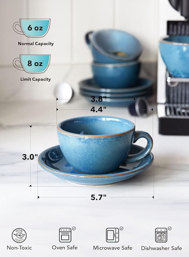 LE TAUCI 6 oz Cappuccino Cups with Saucers, Set of 4 Ceramic Coffee Cup and Saucer Set for Latte, Au Lait, Flat White, Mocha, Tea, Embossed Coffee Cups, Ceylon Blue