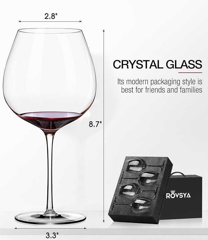 OJA Wine Glasses Set, Crystal Red Hand Blown Wine Glass, Set of 4,23.5 oz | Large, Burgundy, Ultra-thin, Light for Wine Tasting, Perfect Gifts, Valentine's Day, Anniversary, Birthday