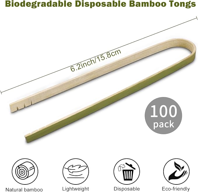 Mini Bamboo Tongs Disposable 100 Pcs 6.2 Inch Long Wooden Tongs | for Charcuterie Large Cooking Utensils for Toaster Serving Food Natural Green for Catering Buffet Home