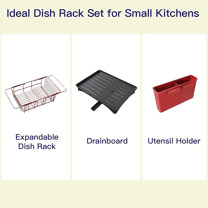 Red Dish Drying Rack Over Sink with Utensil Holder, Drainboard | Expandable Stainless Steel Dish Drainer for Small Kitchen, Apartment, RV, Counter Space Saving, Perfect Fit, Rustproof
