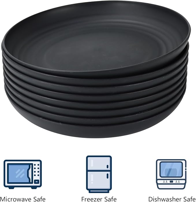 Dinner Plates Set of 8 Alternative for Plastic Plates Microwave and Dishwasher Safe Wheat Straw Plates for Kitchen Unbreakable Plate Set (Black, 10 inch)