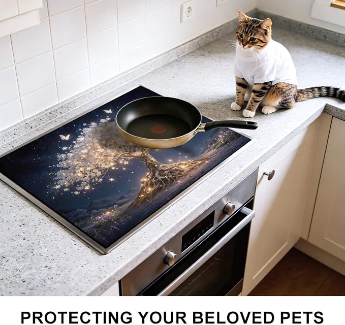 Tree of Life Stove Top Cover for Electric Stove, 28x20 In Mat | Heat-resistant non-slip mat holds hot cookware; glass cooktop protector, dish drying; magical floral butterfly kitchen decor