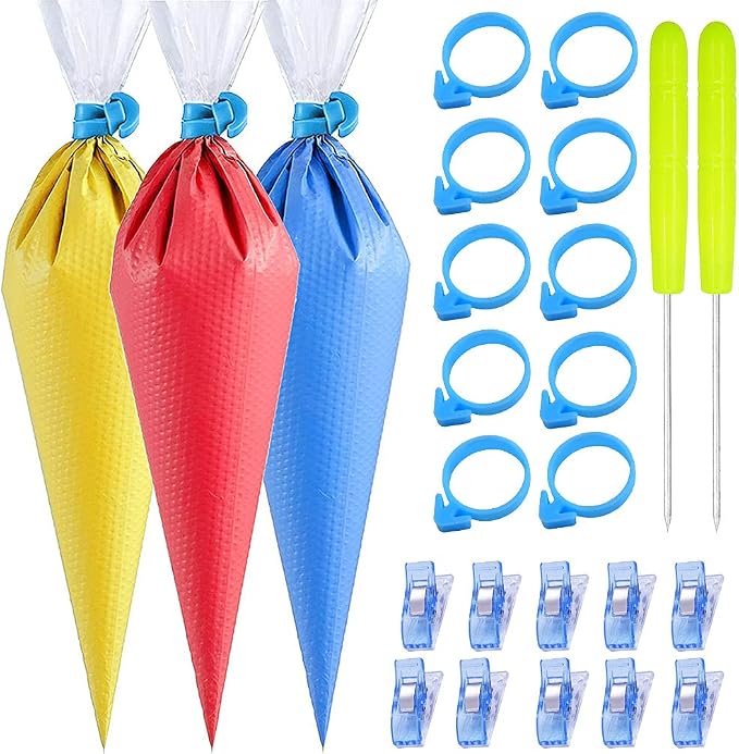 122 Pcs Piping Bags Disposable 10 Inch, Pastry Bags for Royal Icing | Tipless Icing Bags with 10 Ties, 10 Clips & 2 Scribers - Anti Burst Cake Decorating Kit for Cookie Supplies