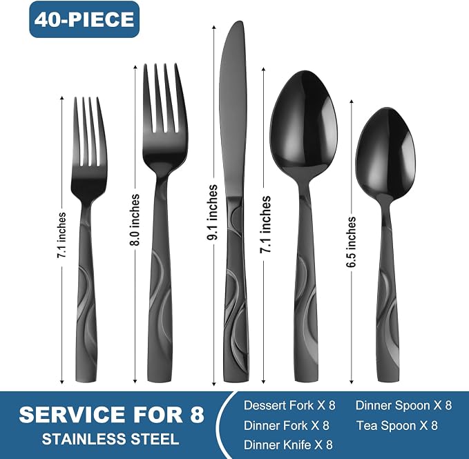 40-Piece Black Silverware Set for 8 | Grade 430 Stainless Steel Gray Cutlery Set, Include Knives, Forks, and Spoons for 8 People, Dishwasher Safe