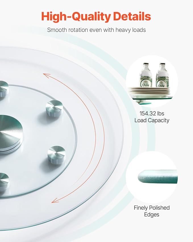 VEVOR 24 in Glass Lazy Susan Turntable, Tempered Glass Dining Table Centerpiece with 6 Rotating Wheels, 360° Smooth and Silent Spin Tabletop Rotating Tray, for Family Gatherings, Banquets & Weddings
