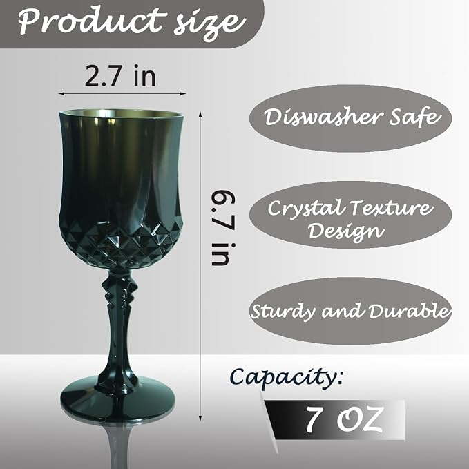 48Pack Plastic Wine Glasses, 7oz Vintage Goblets for Wedding | Unbreakable Crystal Style Reusable Stemware, Elegant Black Drinking Glass for Party Anniversary & Holiday Celebration