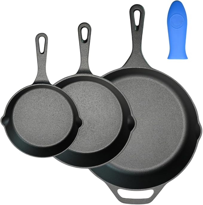Cast Iron Skillet 3-Piece Set, Antirust Treated, Pre-Seasoned 6", 8", 10" Pans with Silicone Hot Handle Holder For Frying, Saute, Cooking, Oven, Grill