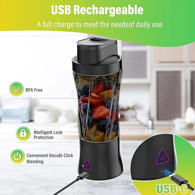Portable Blender 700ml (24oz),USB Rechargeable Personal,360W High-Power Motor, 6000mAh Long-Lasting Battery, Self Cleaning & BPA Free & Leakproof-Lid for Travel, Home, Office, Camping (Black)