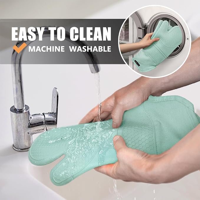 RORECAY 2-Pack Silicone Pot Holders for Kitchen, Hotpad with Pocket, Mint | Heat Resistant up to 500°F, Quilted Cotton Potholders, Non-Slip & Waterproof Trivets for Hot Pots, Pans, and Countertops