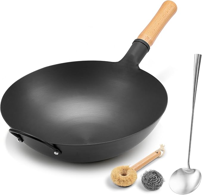 WANGYUANJI 13.4 Inch Round Bottom Carbon Steel Wok, Nitrided Iron Chinese Stir Fry Pan for Gas Wok Burner, Wok Ring Needed for Flat Gas Grates, Wooden Handle