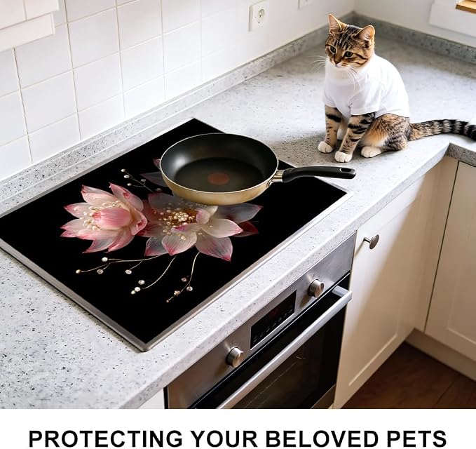 Pink Pearl Lotus Flower Black Stove Top Cover 28.35x20.47in Glam | Pink pearl lotus flower black stove top cover 28.35x20.47 in; modern glam cooktop mat dishwasher safe machine washable