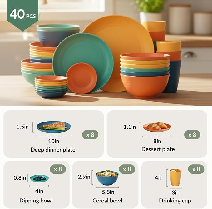 40-Piece Unbreakable Wheat Straw Dinnerwave Sets Plates and Bowls Sets for Kitchen, RV, Dorm, Lightweight Camping Dishes Set, Service for 8, Microwave and Dishwasher Safe Dish Sets (Multi)