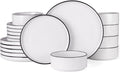 Famiware Nebula 18-Piece Dinnerware Set, White with Black Rim | Stoneware Dish Set for 6, Plates and Bowls, Microwave and Dishwasher Safe, Chip and Scratch Resistant