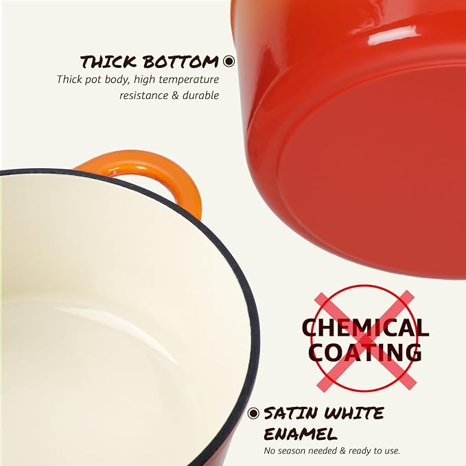 Overmont Enameled Cast Iron Dutch Oven - 7QT Pot with Lid Cookbook & Cotton Potholders - Heavy-Duty Cookware for Braising, Stews, Roasting, Sourdough Baking orange