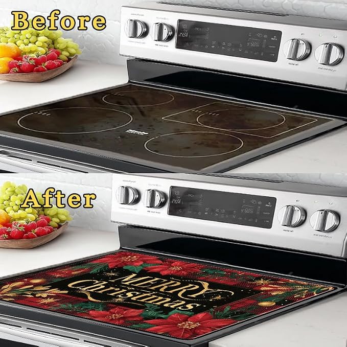Christmas Poinsettia Glass Stove Top Cover Protector – Merry Christmas Glass Cooktop Protector,Xmas Cooktop Mat for Ceramic Countertop Mats Electric Stove Cover Festive Decor