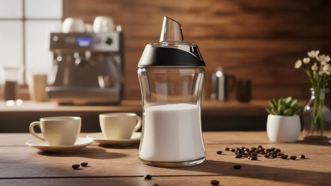 J&M DESIGN Glass Sugar Dispenser with Pour Spout for Coffee Bar, Tea and Kitchen Baking, Auto-Pouring Airtight Lid - 7.5 Oz Container