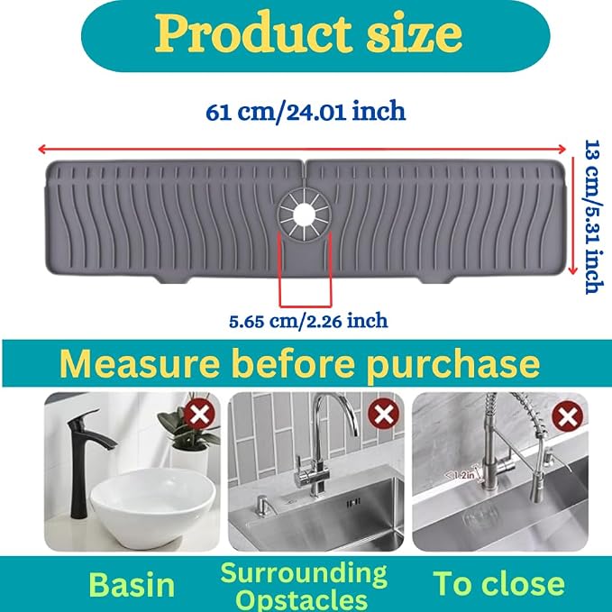 24 Inch Longer Faucet Mat for Kitchen Sink, Silicone Sink Faucet Mat Splash Guard 5° Slope Premium Kitchen Sink Splash Faucet Guard, Fast Self-Draining Mat (gray)