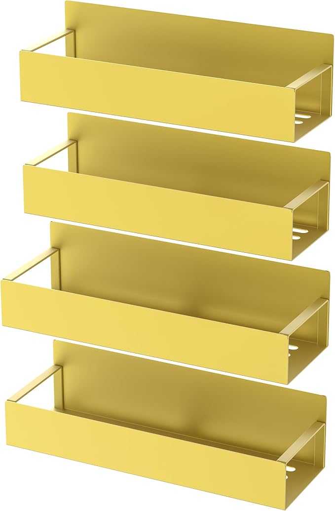 Metal Magnetic Spice Rack for Refrigerator Gold, 4 Pack | Magnetic Shelves Heavy Duty for Fridge in Kitchen, Seasoning Storage Organizer, For Oven Washer and Dryer, For Heavier Items