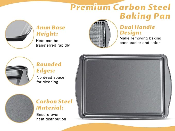 Baking Sheet with Cooling Racks - 17'' x 11" x 0.5" Carbon Steel Cookie Sheets for Baking [2 Sheets + 2 Racks], Nonstick Baking Pans, Perfect for Baking, Roasting, and More